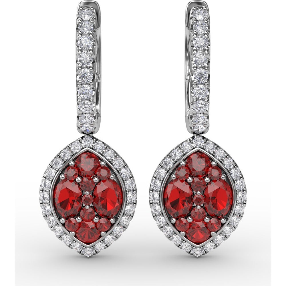 Marquise Shaped Ruby and Diamond Halo Dangle Earrings with Pavé Hoop by Fana - 2.06 Carat Total Gemstone Weight