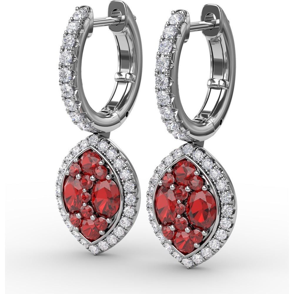 Marquise Shaped Ruby and Diamond Halo Dangle Earrings with Pavé Hoop by Fana - 2.06 Carat Total Gemstone Weight
