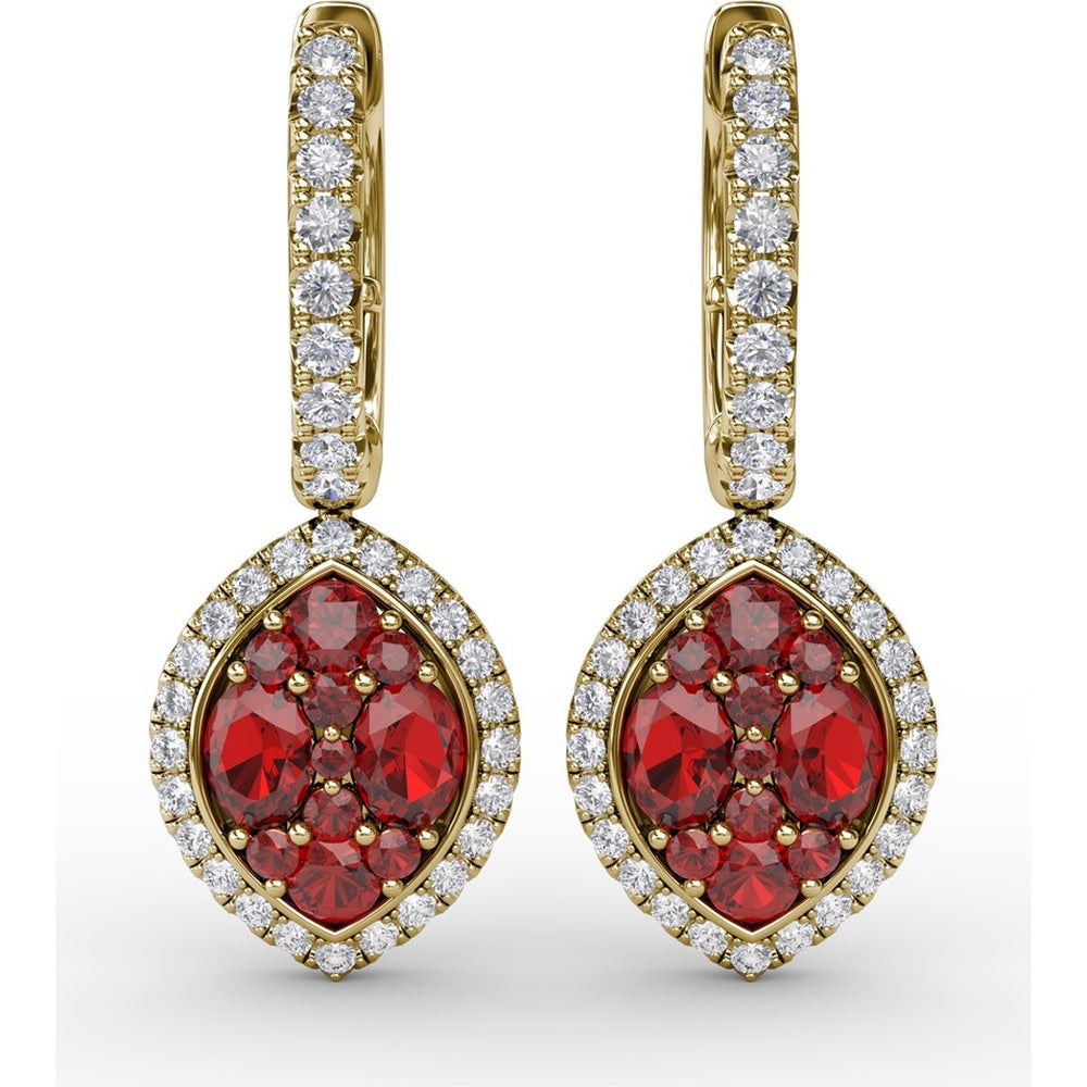 Marquise Shaped Ruby and Diamond Halo Dangle Earrings with Pavé Hoop by Fana - 2.06 Carat Total Gemstone Weight