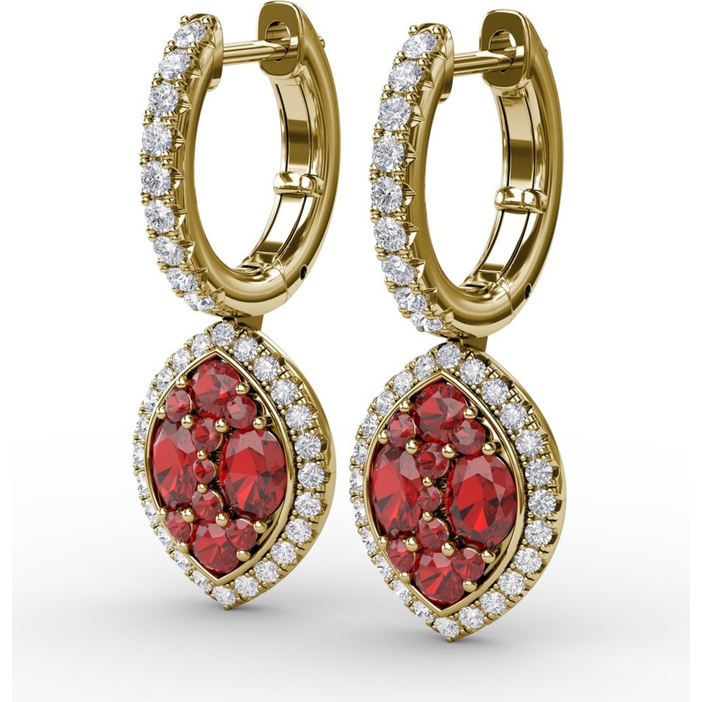 Marquise Shaped Ruby and Diamond Halo Dangle Earrings with Pavé Hoop by Fana - 2.06 Carat Total Gemstone Weight