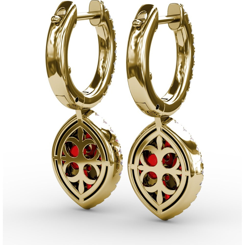 Marquise Shaped Ruby and Diamond Halo Dangle Earrings with Pavé Hoop by Fana - 2.06 Carat Total Gemstone Weight