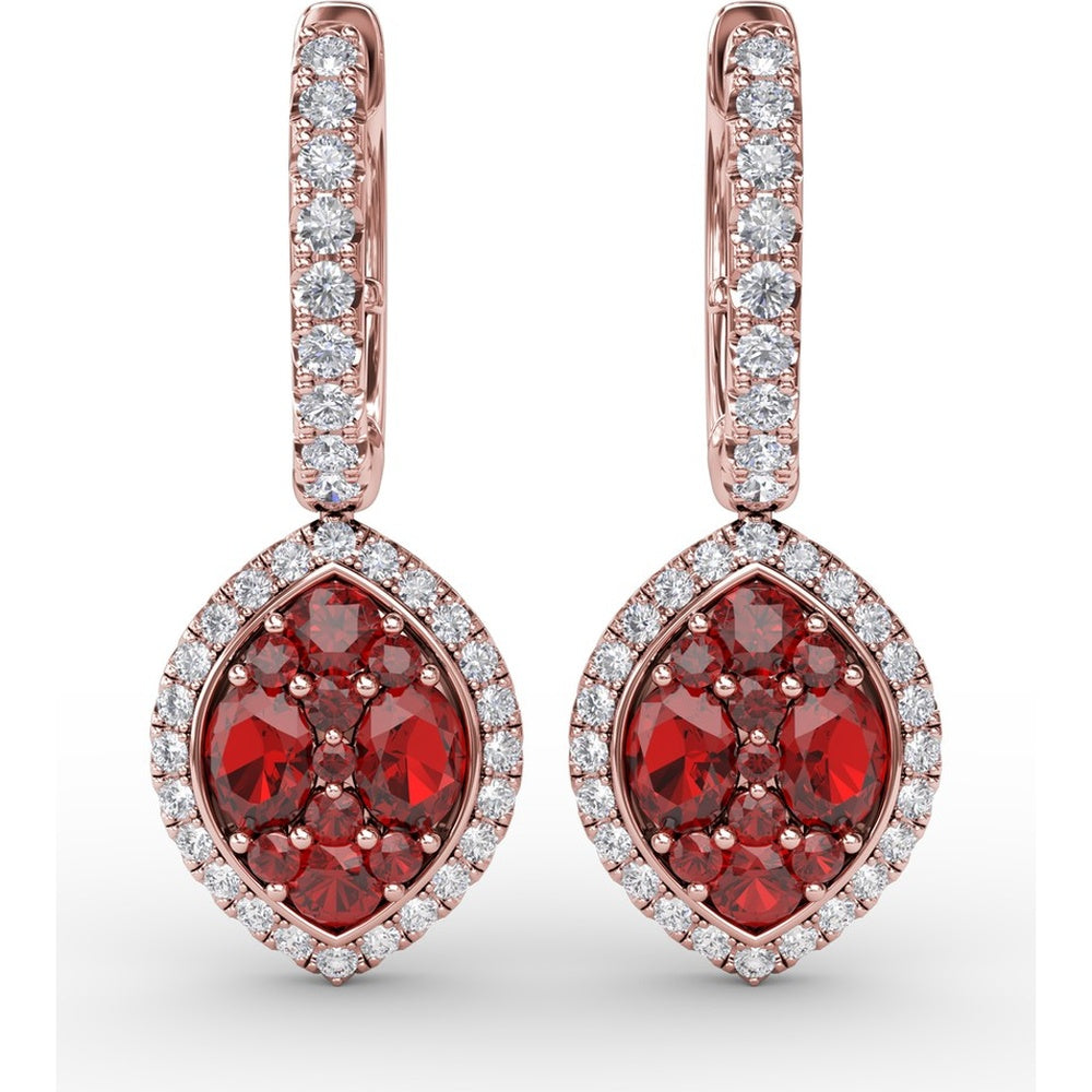 Marquise Shaped Ruby and Diamond Halo Dangle Earrings with Pavé Hoop by Fana - 2.06 Carat Total Gemstone Weight