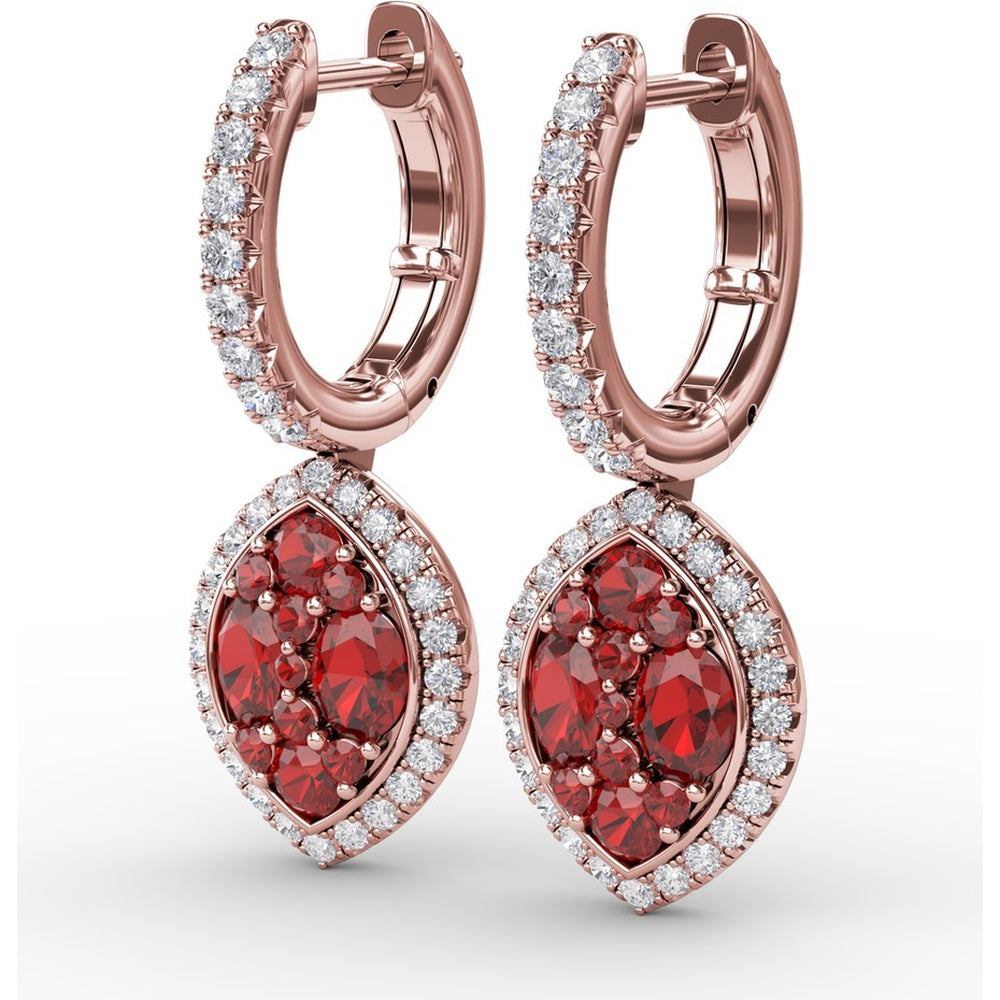 Marquise Shaped Ruby and Diamond Halo Dangle Earrings with Pavé Hoop by Fana - 2.06 Carat Total Gemstone Weight