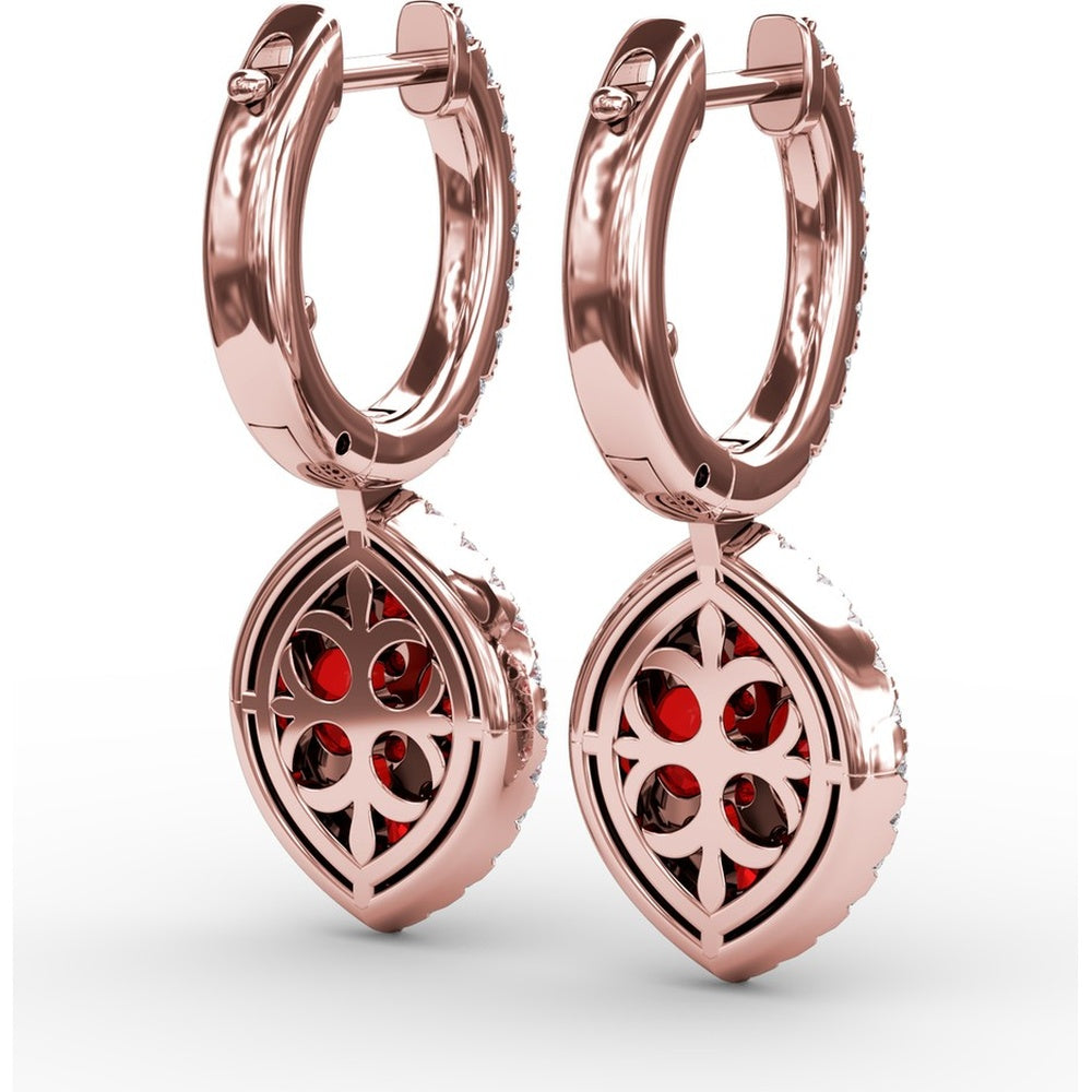 Marquise Shaped Ruby and Diamond Halo Dangle Earrings with Pavé Hoop by Fana - 2.06 Carat Total Gemstone Weight
