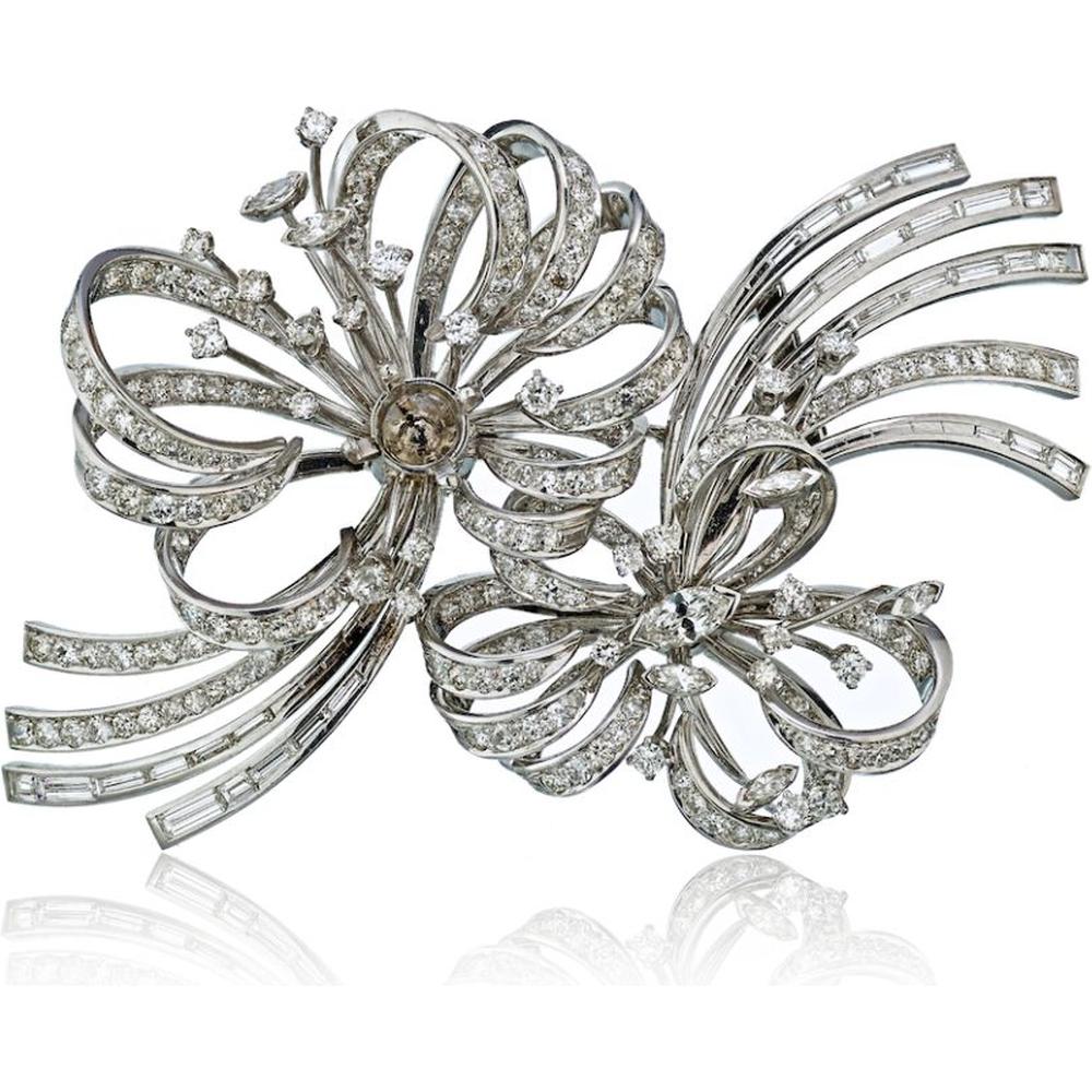 Mauboussin Circa 1940's Platinum Diamond Double Clip Brooch with French Hallmarks - 12.00 Carats Total Diamond Weight