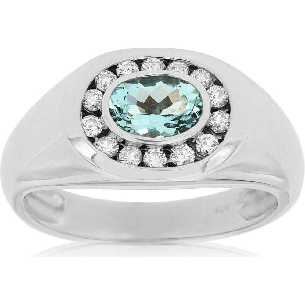 Men's 14K White Gold Diamond and Oval Aquamarine Ring with Diamond Halo - 1.00 Carats Total Gem Weight