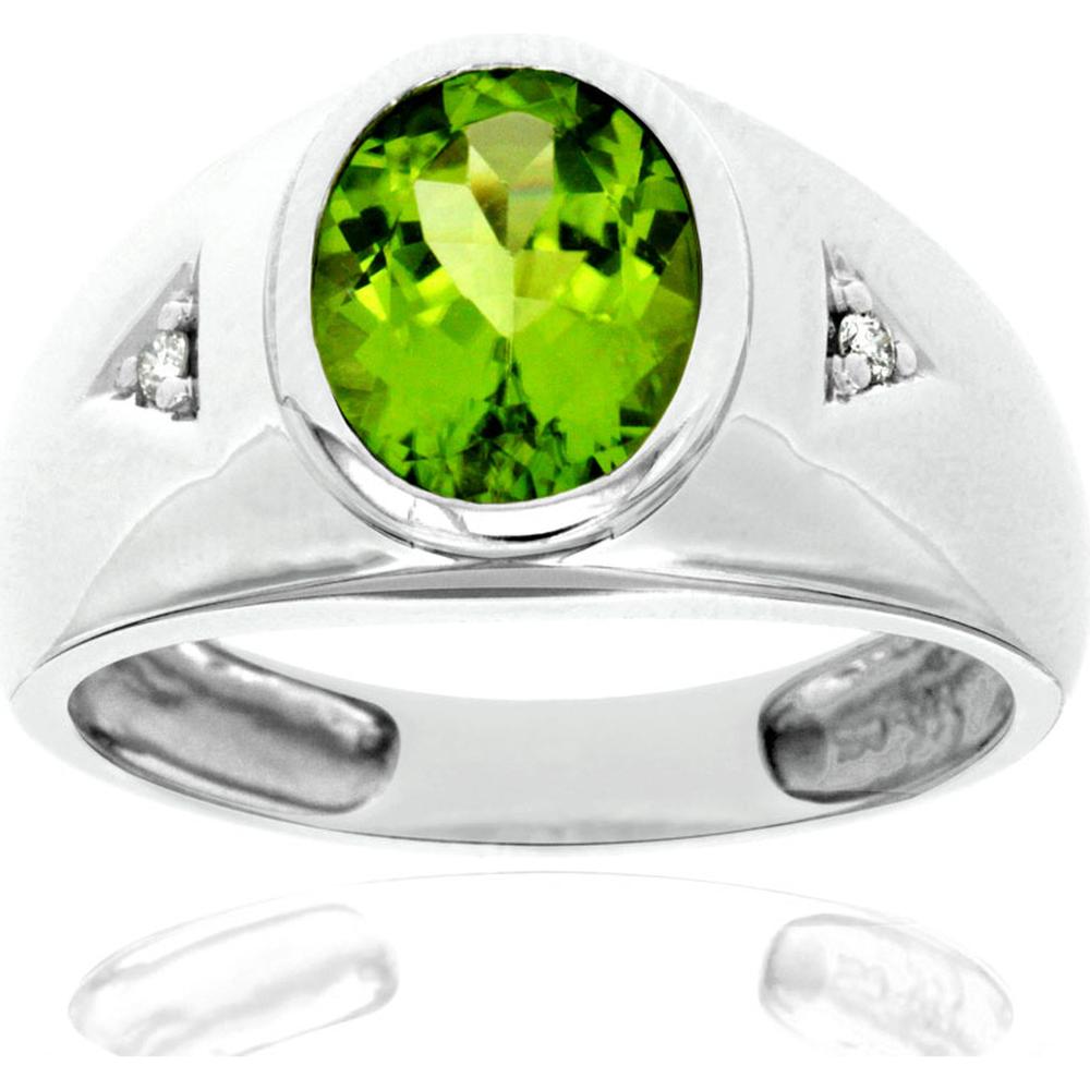 Men's 14K White Gold Peridot & Diamond Ring with 2.85 Carats Oval Peridot and 0.04 Carats Diamond Accents