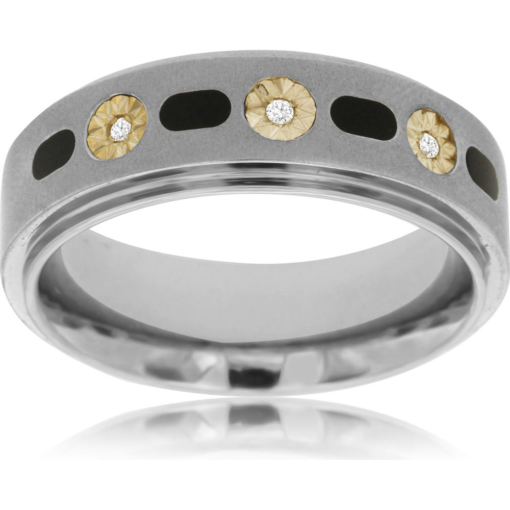 Men's Matte Stainless Steel Band with Golden Accents and 0.04 Carat Round Brilliant Diamonds - Royal Jewelry