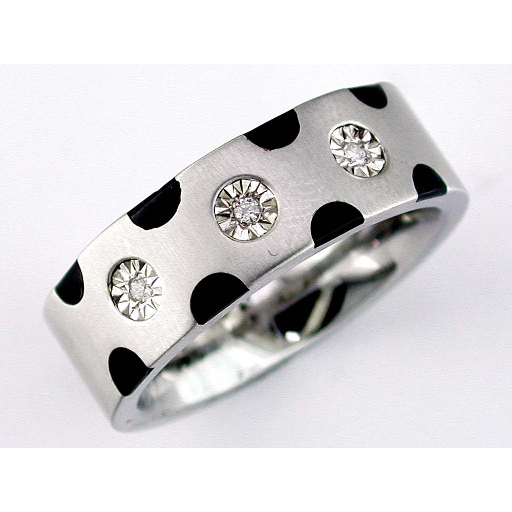 Men's Stainless Steel Band Ring with Black Inlay and Star-Set Round Diamonds - 0.03 Carat Total Diamond Weight - Royal Jewelry