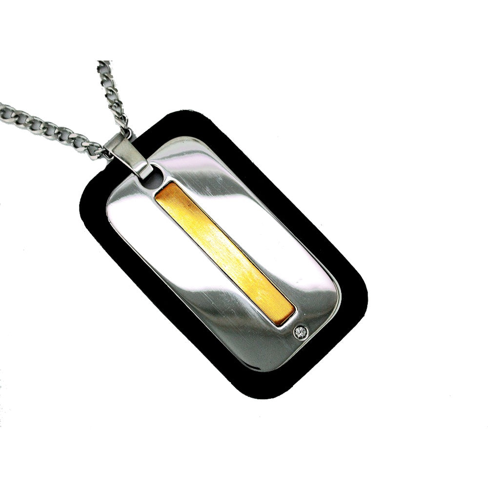 Men's Stainless Steel Geometric Pendant with Brushed Gold Inlay and Round Diamond Accent - 0.04 Carat Total Diamond Weight - Royal Jewelry