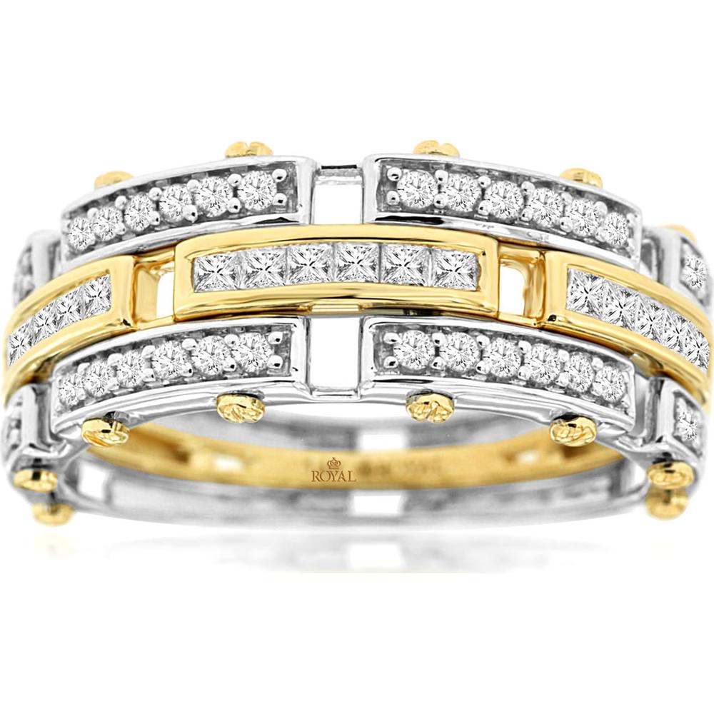 Men's Two-Tone 14K Yellow Gold & White Metal Diamond Ring with Channel Set Princess Cut and Pave Round Diamonds – 0.75 Carat Total Diamond Weight - Royal Jewelry