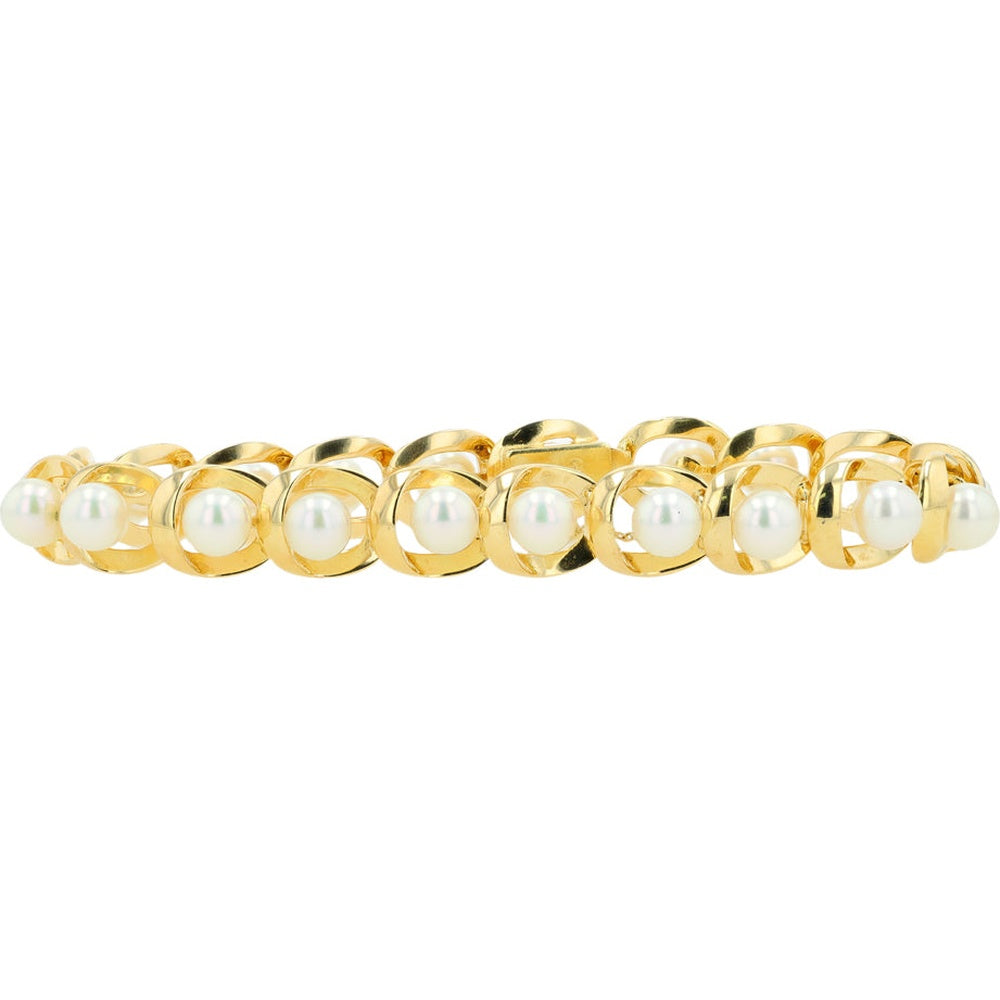 Mikimoto 14K Yellow Gold 7.5 Inch Bracelet with Geometric Open-Circle Settings and 5.8mm Akoya Cultured Pearls