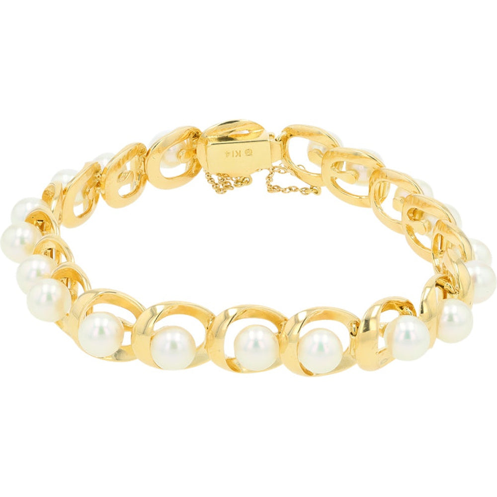 Mikimoto 14K Yellow Gold 7.5 Inch Bracelet with Geometric Open-Circle Settings and 5.8mm Akoya Cultured Pearls