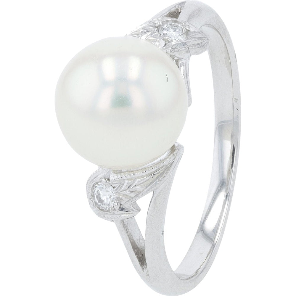 Mikimoto 18K White Gold 7.5mm Cultured Pearl Ring with Leaf Motif Diamond Accents - Size 5