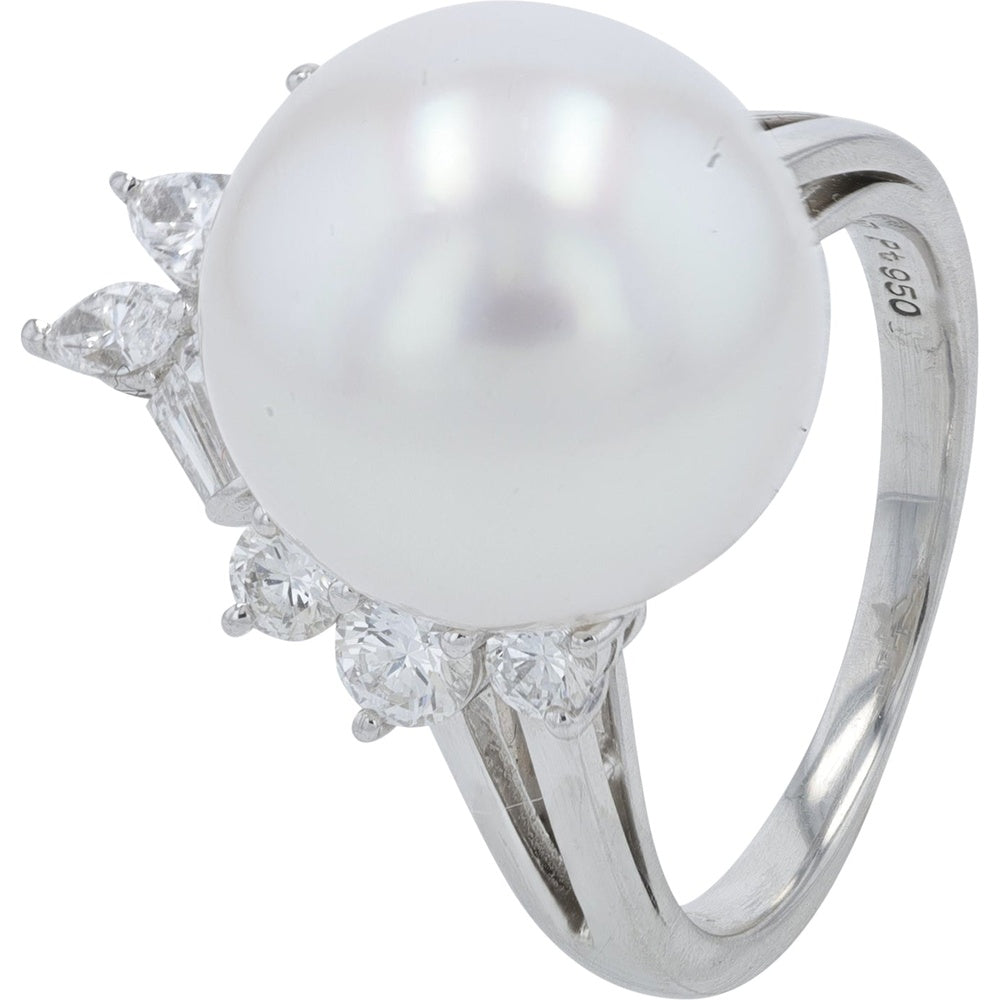 Mikimoto Platinum 950 13mm Cultured Pearl Ring with 0.90 Carat Mixed-Cut Diamond Asymmetrical Cluster Setting - Size 5.5