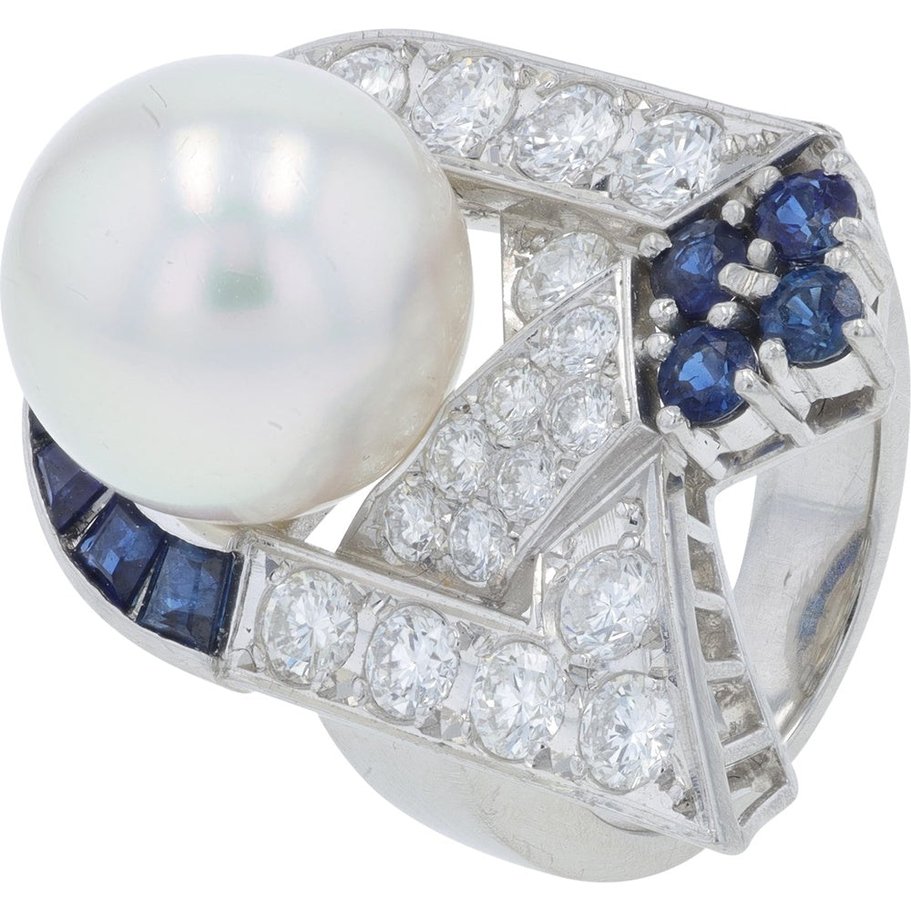 Mikimoto Platinum Geometric Pearl Ring with 0.98 Carat Sapphire Accents and 1.11 Carat Round Diamonds