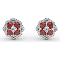 Milgrain Cluster Stud Earrings with Round Rubies and Diamonds by Fana - 1.45 Carat Total Gemstone Weight