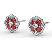 Milgrain Cluster Stud Earrings with Round Rubies and Diamonds by Fana - 1.45 Carat Total Gemstone Weight