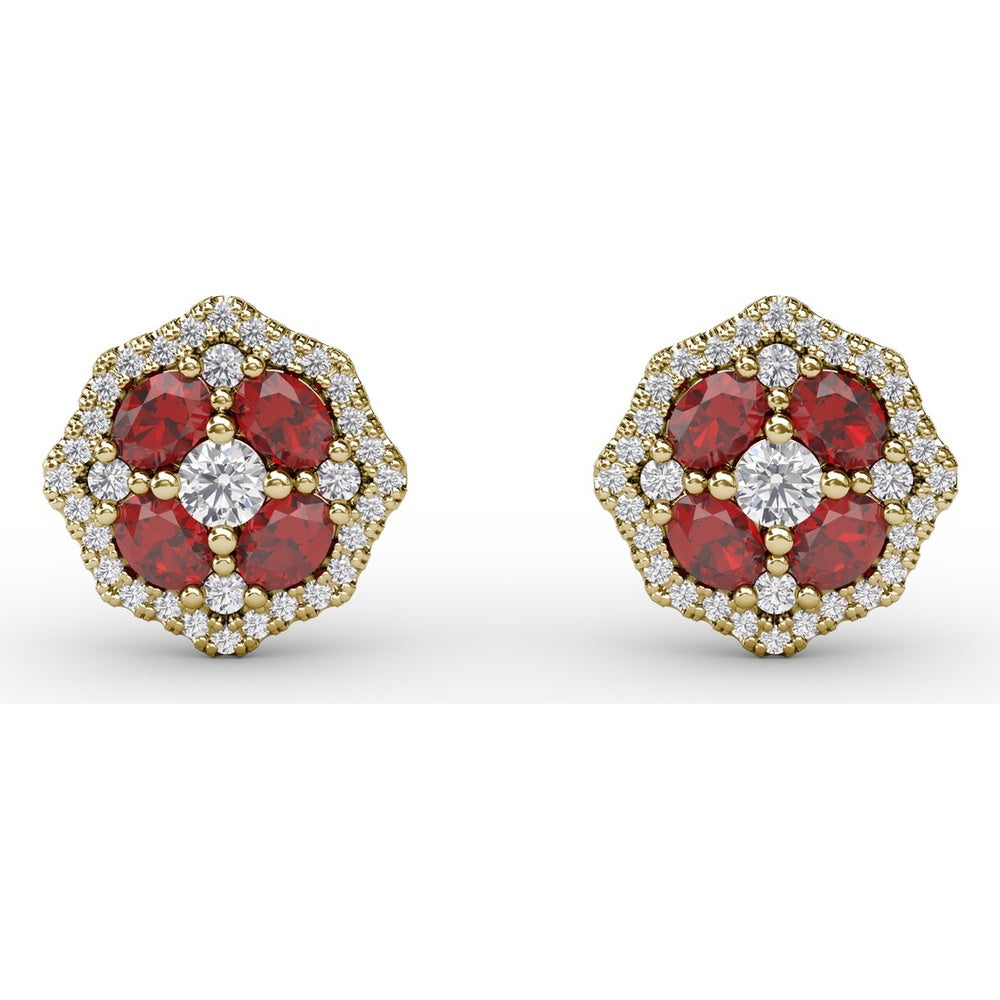 Milgrain Cluster Stud Earrings with Round Rubies and Diamonds by Fana - 1.45 Carat Total Gemstone Weight