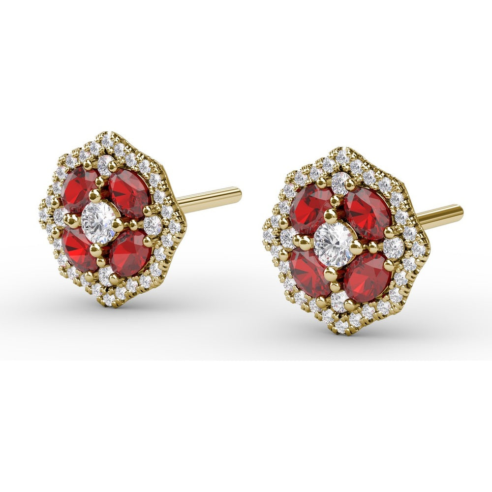 Milgrain Cluster Stud Earrings with Round Rubies and Diamonds by Fana - 1.45 Carat Total Gemstone Weight