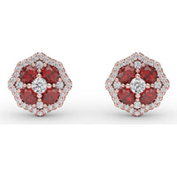Milgrain Cluster Stud Earrings with Round Rubies and Diamonds by Fana - 1.45 Carat Total Gemstone Weight