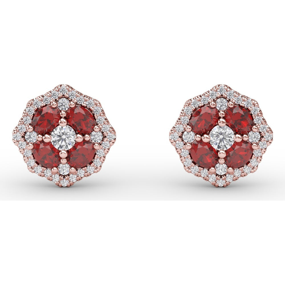Milgrain Cluster Stud Earrings with Round Rubies and Diamonds by Fana - 1.45 Carat Total Gemstone Weight