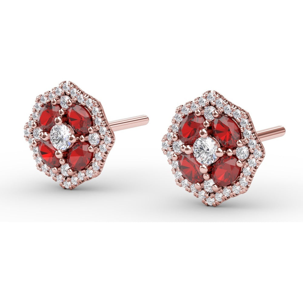 Milgrain Cluster Stud Earrings with Round Rubies and Diamonds by Fana - 1.45 Carat Total Gemstone Weight