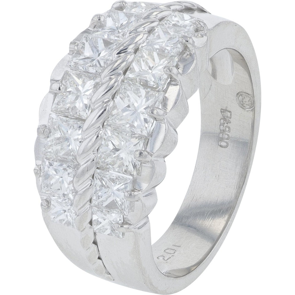 Mitsukoshi Platinum 900 Two-Row Princess Cut Diamond Ring with Rope Motif Detail - 2.01 Carat Total Diamond Weight