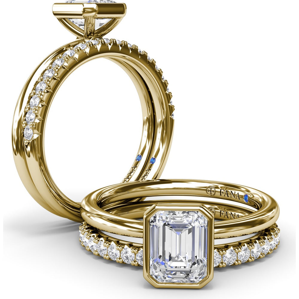 Modern Bezel Set Emerald Cut Diamond Engagement Ring Setting with Peek-a-Boo Diamond by Fana