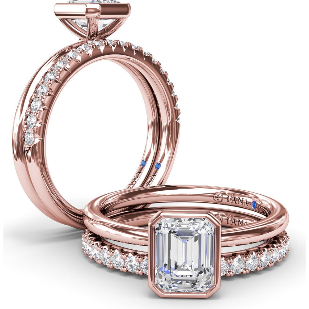 Modern Bezel Set Emerald Cut Diamond Engagement Ring Setting with Peek-a-Boo Diamond by Fana