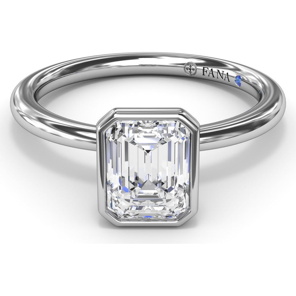Modern Bezel Set Emerald Cut Diamond Engagement Ring Setting with Peek-a-Boo Diamond by Fana