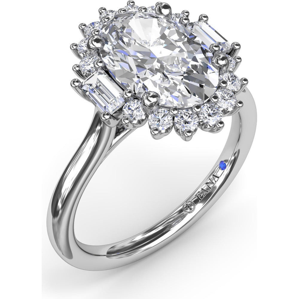 Modern Edge Oval Diamond Engagement Ring Setting with Halo and Baguette Accents by Fana - 0.58 Carat Total Diamond Weight