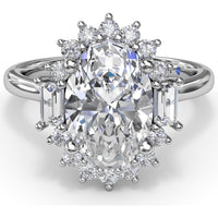 Modern Edge Oval Diamond Engagement Ring Setting with Halo and Baguette Accents by Fana - 0.58 Carat Total Diamond Weight