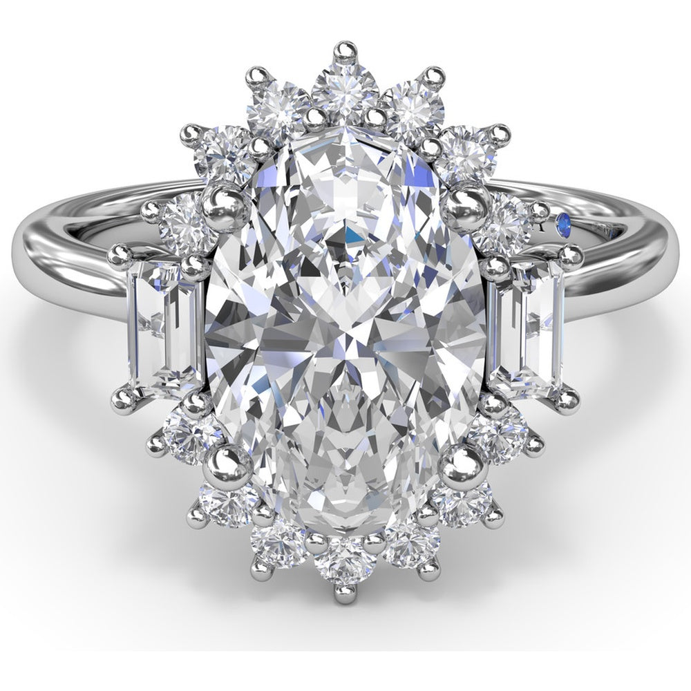 Modern Edge Oval Diamond Engagement Ring Setting with Halo and Baguette Accents by Fana - 0.58 Carat Total Diamond Weight