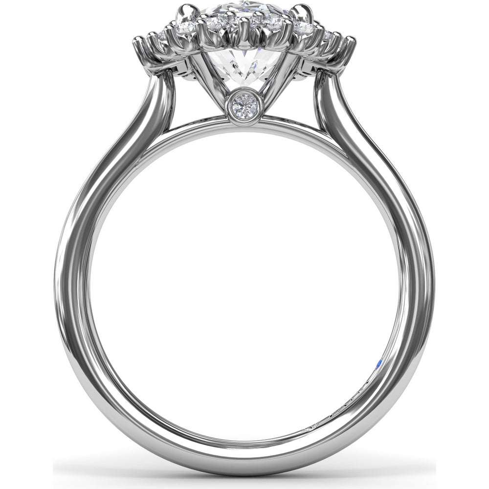 Modern Edge Oval Diamond Engagement Ring Setting with Halo and Baguette Accents by Fana - 0.58 Carat Total Diamond Weight