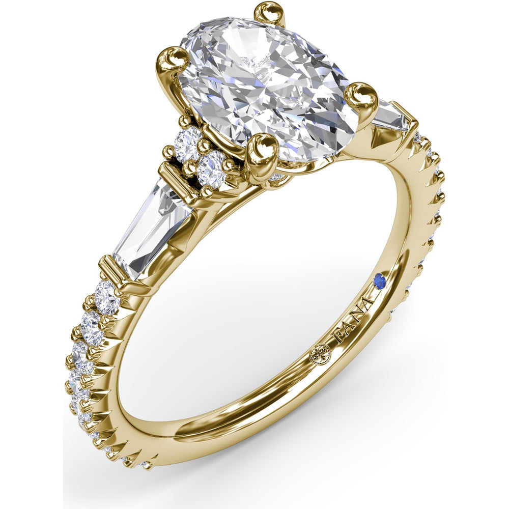 Modern Twist Three Stone Engagement Ring Setting with Oval Center and Pavé Baguette Side Diamonds - 0.83 Carat Total Side Stone Weight by Fana