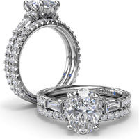 Modern Twist Three Stone Engagement Ring Setting with Oval Center and Pavé Baguette Side Diamonds - 0.83 Carat Total Side Stone Weight by Fana