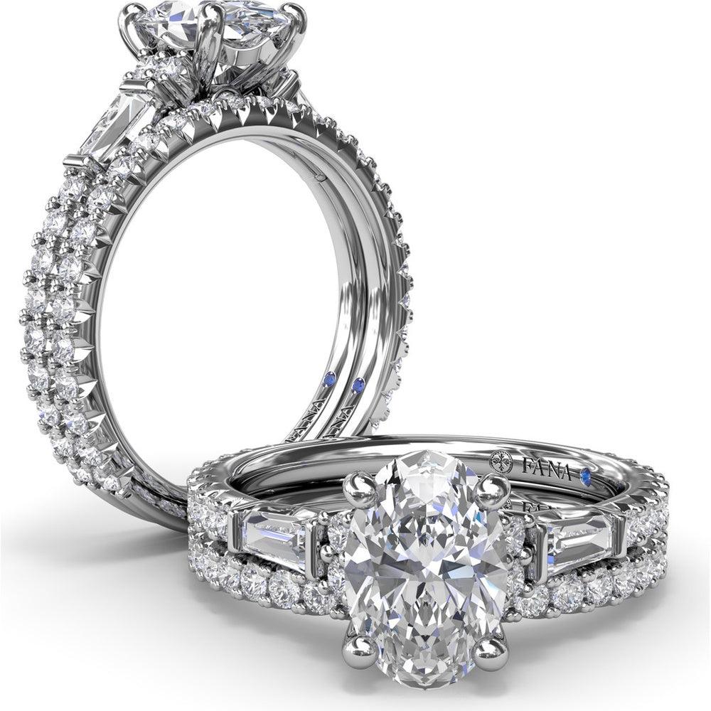Modern Twist Three Stone Engagement Ring Setting with Oval Center and Pavé Baguette Side Diamonds - 0.83 Carat Total Side Stone Weight by Fana