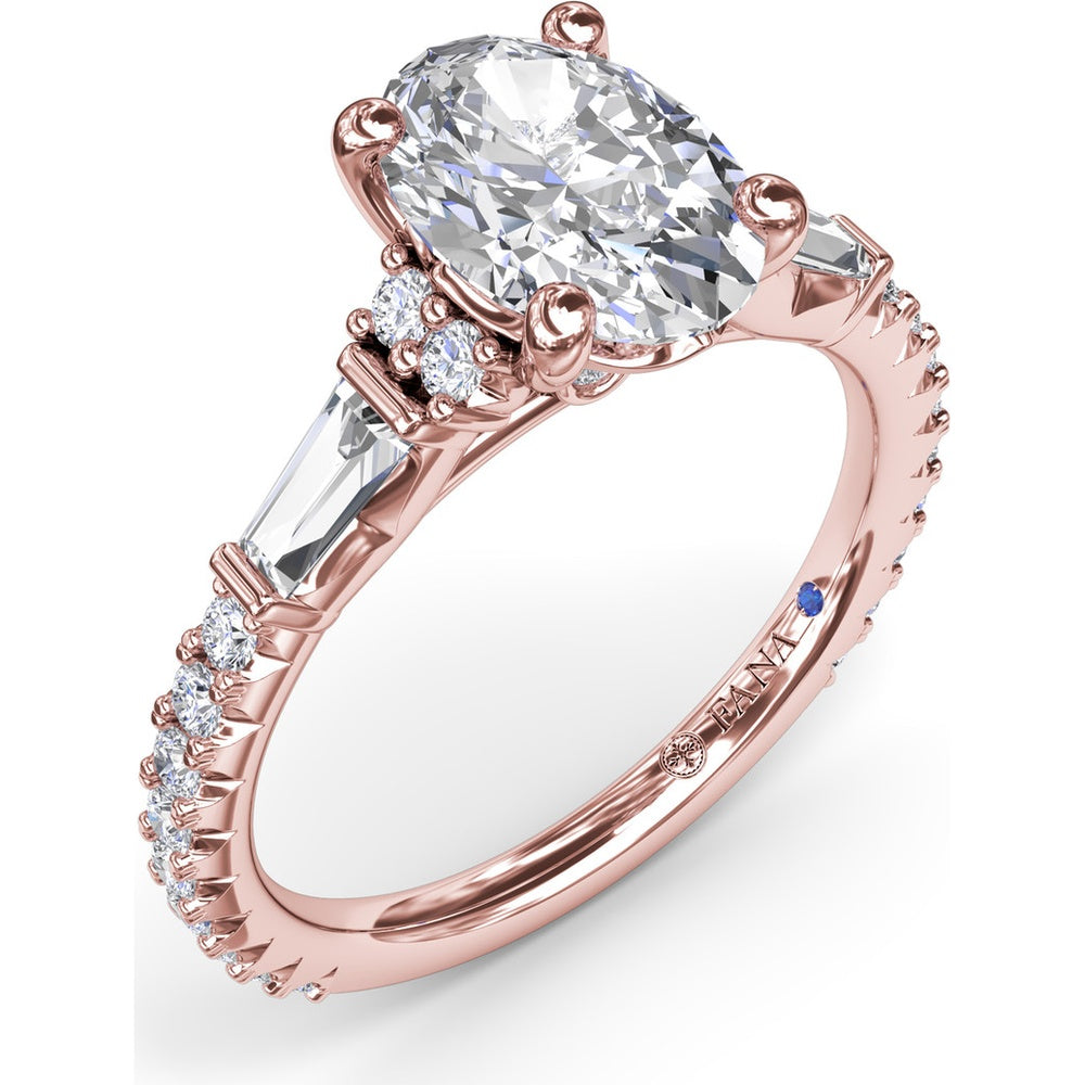Modern Twist Three Stone Engagement Ring Setting with Oval Center and Pavé Baguette Side Diamonds - 0.83 Carat Total Side Stone Weight by Fana