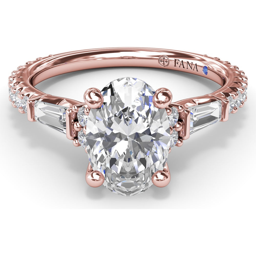 Modern Twist Three Stone Engagement Ring Setting with Oval Center and Pavé Baguette Side Diamonds - 0.83 Carat Total Side Stone Weight by Fana