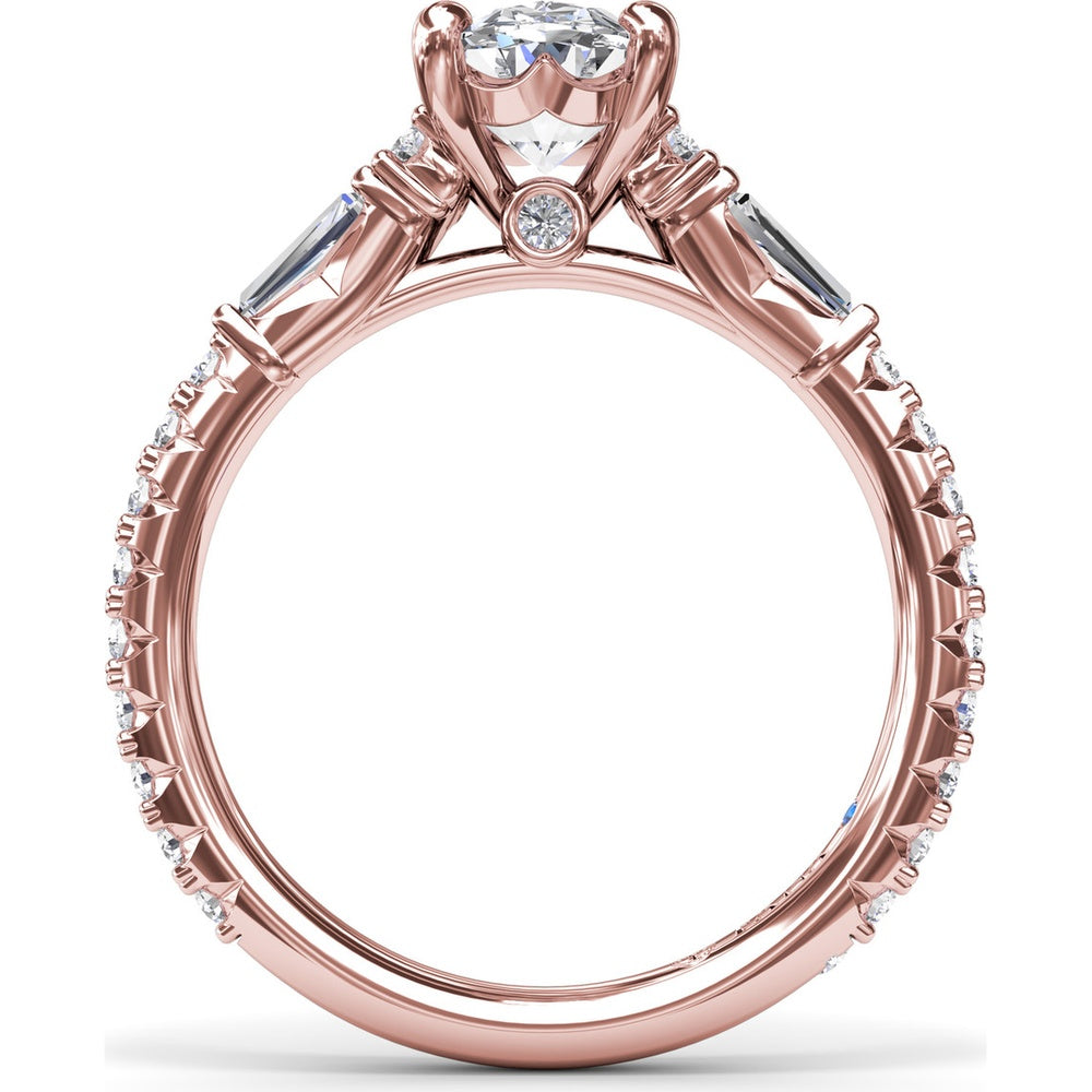 Modern Twist Three Stone Engagement Ring Setting with Oval Center and Pavé Baguette Side Diamonds - 0.83 Carat Total Side Stone Weight by Fana