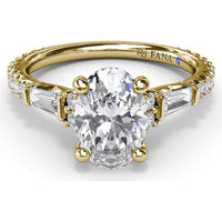 Modern Twist Three Stone Engagement Ring Setting with Oval Center and Pavé Baguette Side Diamonds - 0.83 Carat Total Side Stone Weight by Fana
