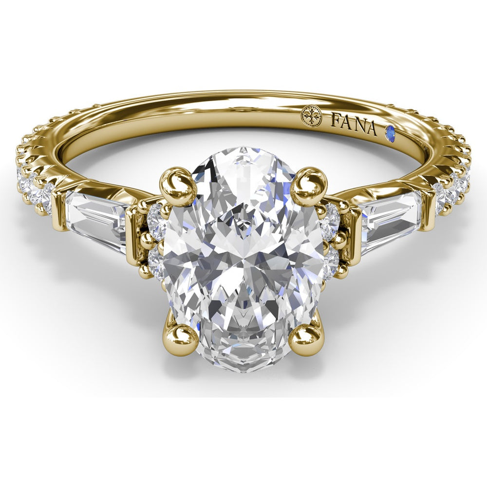 Modern Twist Three Stone Engagement Ring Setting with Oval Center and Pavé Baguette Side Diamonds - 0.83 Carat Total Side Stone Weight by Fana