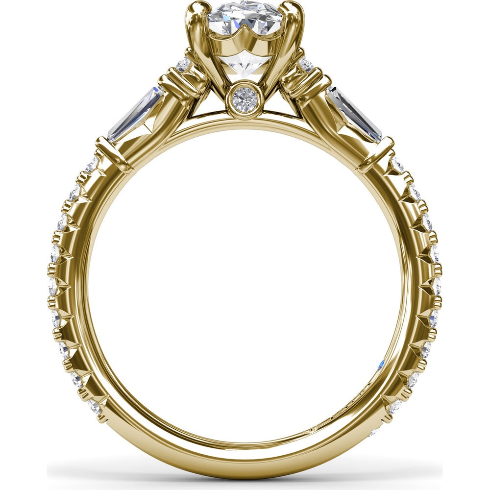 Modern Twist Three Stone Engagement Ring Setting with Oval Center and Pavé Baguette Side Diamonds - 0.83 Carat Total Side Stone Weight by Fana