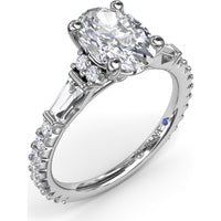Modern Twist Three Stone Engagement Ring Setting with Oval Center and Pavé Baguette Side Diamonds - 0.83 Carat Total Side Stone Weight by Fana