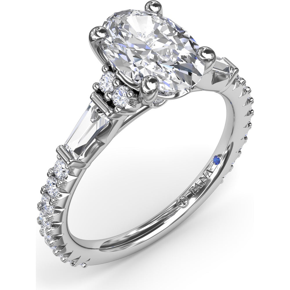 Modern Twist Three Stone Engagement Ring Setting with Oval Center and Pavé Baguette Side Diamonds - 0.83 Carat Total Side Stone Weight by Fana