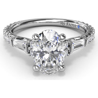 Modern Twist Three Stone Engagement Ring Setting with Oval Center and Pavé Baguette Side Diamonds - 0.83 Carat Total Side Stone Weight by Fana