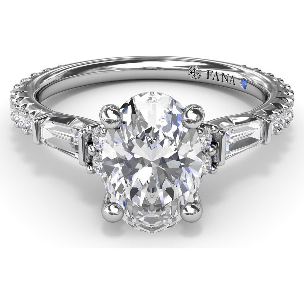 Modern Twist Three Stone Engagement Ring Setting with Oval Center and Pavé Baguette Side Diamonds - 0.83 Carat Total Side Stone Weight by Fana