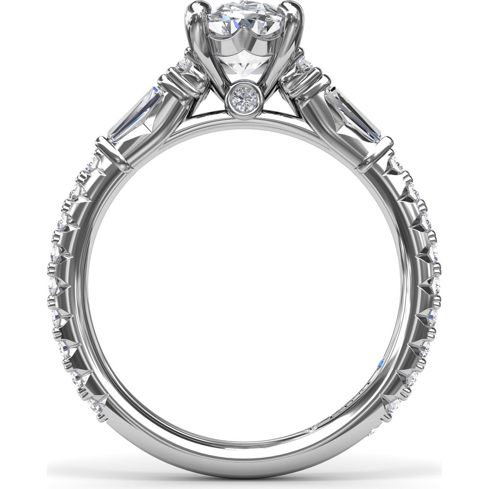 Modern Twist Three Stone Engagement Ring Setting with Oval Center and Pavé Baguette Side Diamonds - 0.83 Carat Total Side Stone Weight by Fana