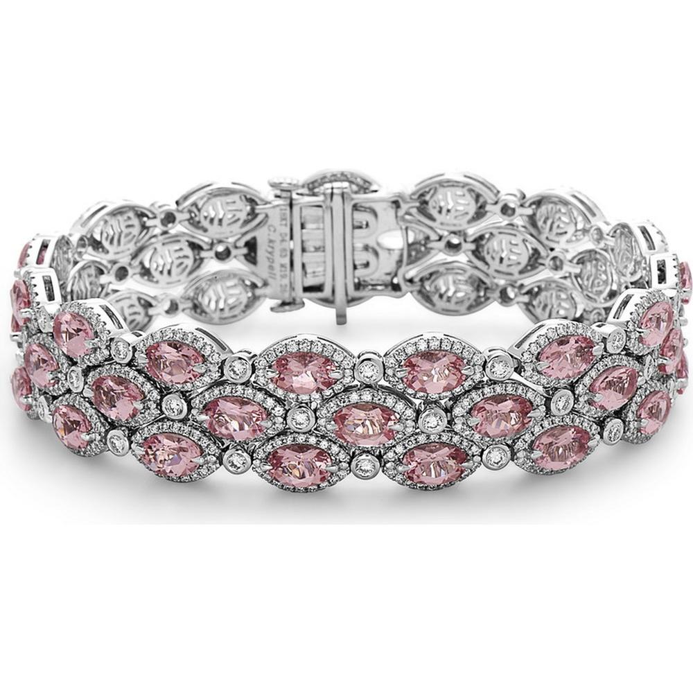 Morganite and Diamond Triple Row Halo Link Bracelet in 18K White Gold by Charles Krypell